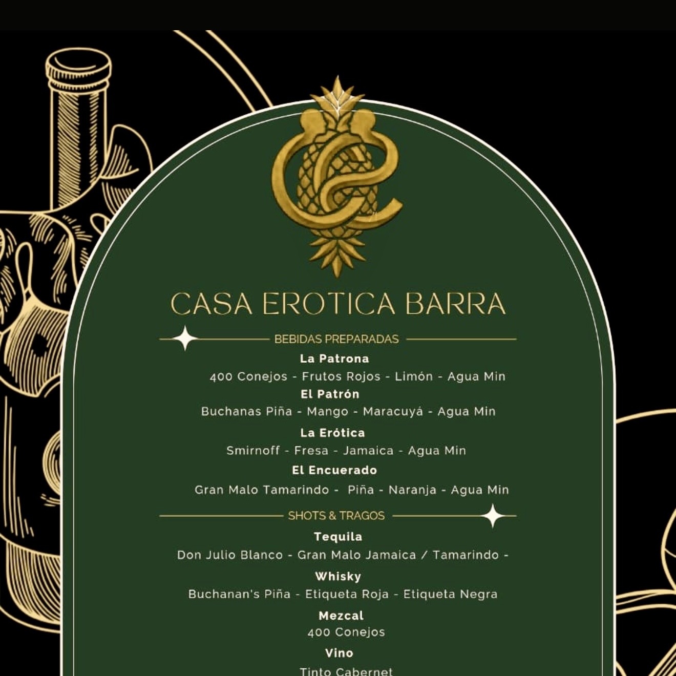 Menú de bebidas Casa Erótica Barra